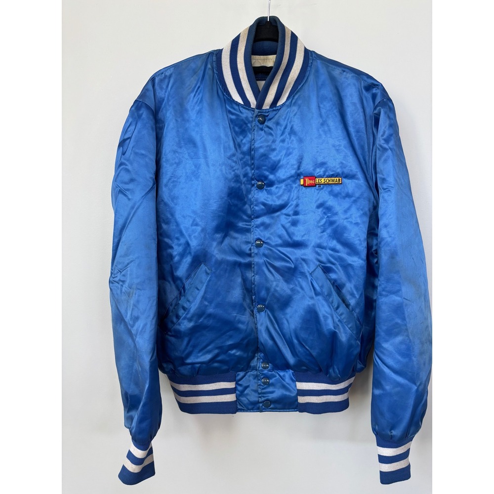 Vintage Holloway Les‎ Schwab Tires Blue Satin Bomber Jacket Mens Large USA Made
